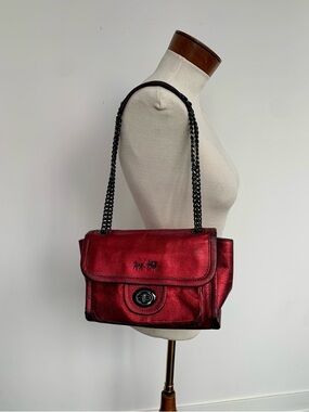Coach Metallic Red Leather Shoulder Bag with Chain Strap